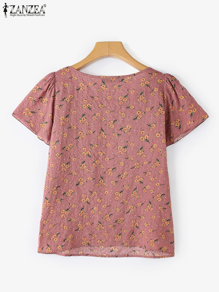 ZANZEA Summer Women Blouse 2025 Fashion Floral Print Shirts Short Sleeve Ruffled Tunic Tops Casual Loose Beach Blusas Femininas