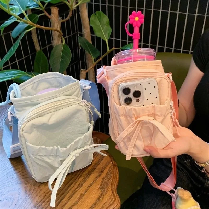 1pcs Summer Crossbody Bag Lightweight Nylon With Bow Drawstring Multi Pocket Adjustable Strap Outdoor Coin Key Storage Purse