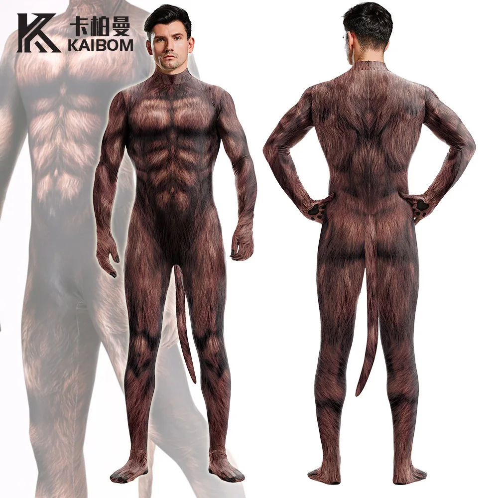 Werewolf Cosplay Costume Jumpsuit with Tail Carnival Wolf Birthday Party Bodysuit Clothes Animal Wolf Costume For Men Boys