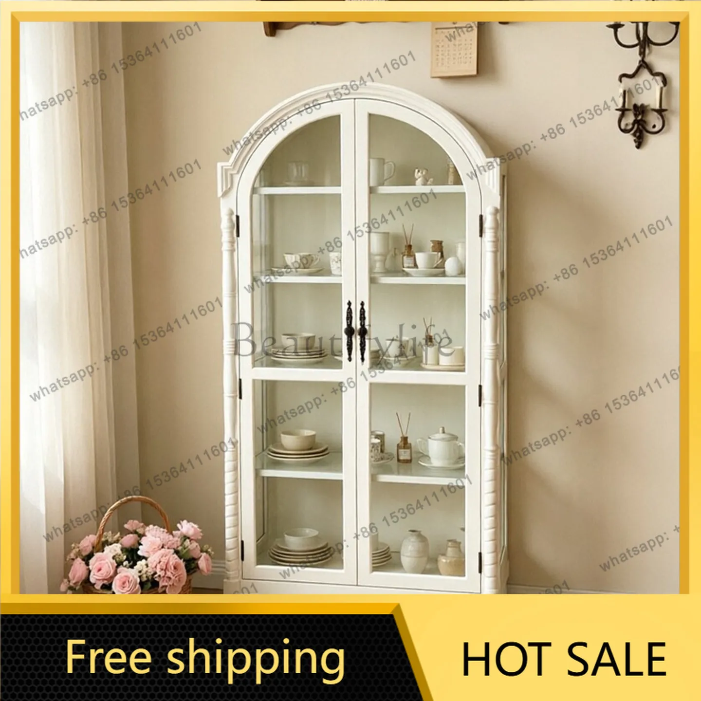 Factory Direct French Cream Wind Solid wood carving Flower Wine Cabinet Household Living Room Glass Door Display Cabinet