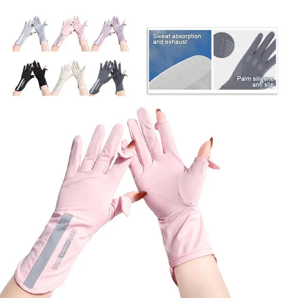 Summer Sunscreen Gloves Thin Ice Silk Anti-ultraviolet Breathable Gloves Riding Non-slip Screen Driving Dew Finger I2j8