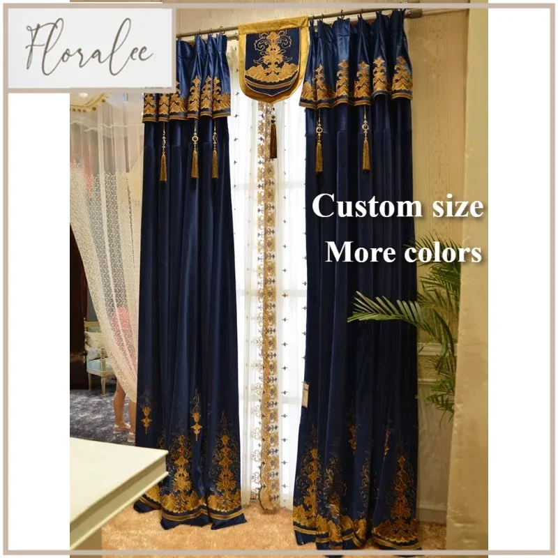 European Dark Blue Blackout Luxury Grace Curtains For Living Room Bedroom Dining Hall Custom Size Retro Door screen Decor Tulle