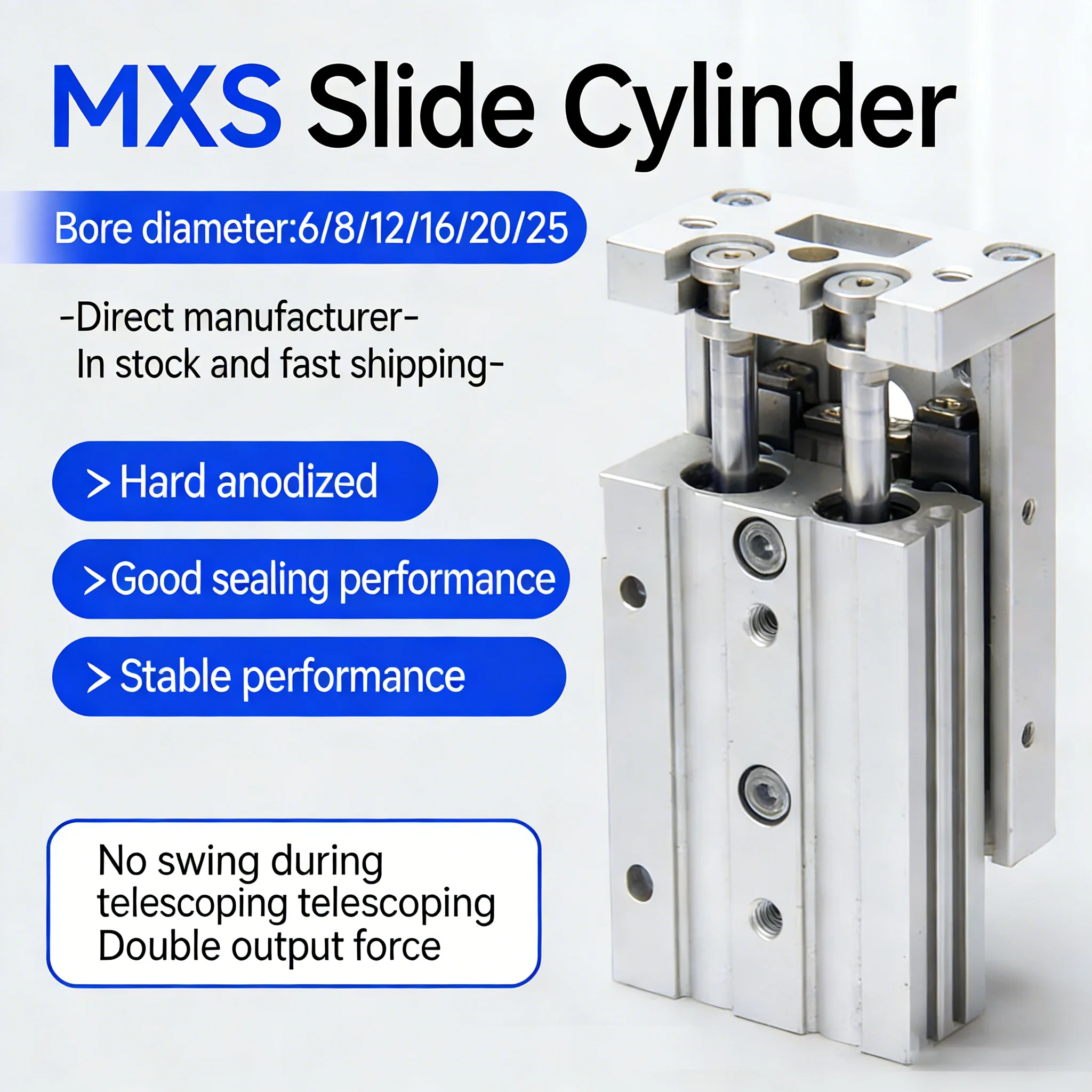 Small pneumatic precision guide rail slide cylinder HLS/MXS12/8/6/16/20-10X50X30X40*100