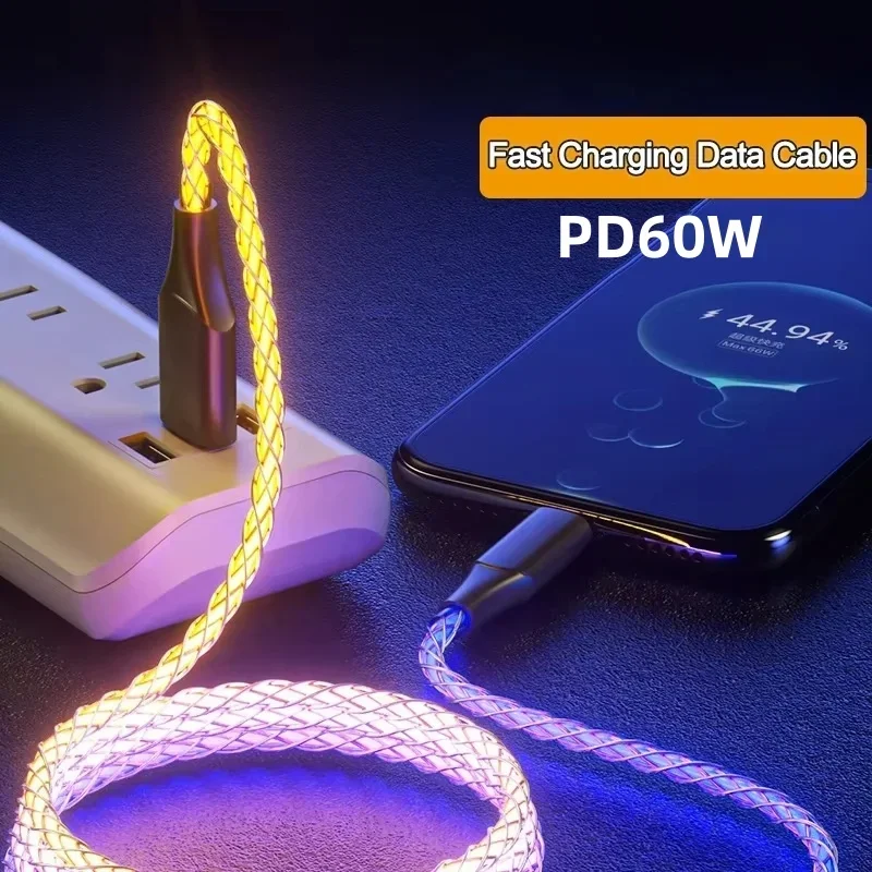 USB U 타입 C 고속 충전 호흡광 케이블, 60W RGB 케이블, 아이폰 16, 15, 화웨이, 샤오미, OPPO, 삼성, 샤오미