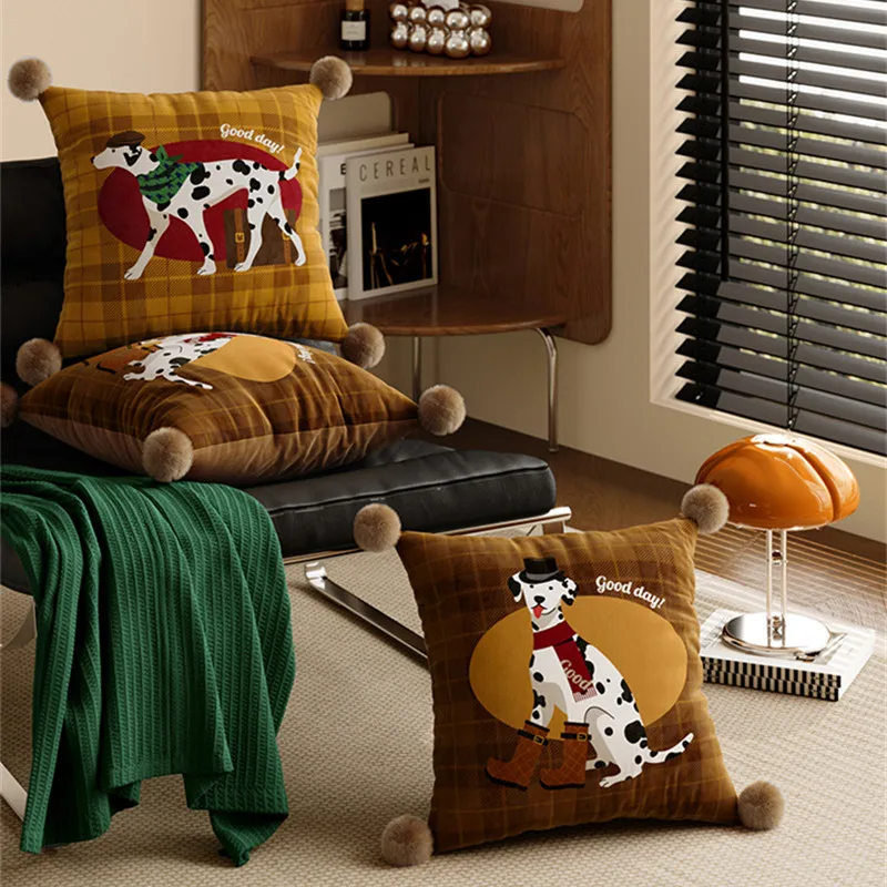 Vintage Cushion Cover Dog Print Decorative Pillowcase Shell 45x45cm Sof Velvet Light Luxury For Sofa Bed Couch UK Style Plaid
