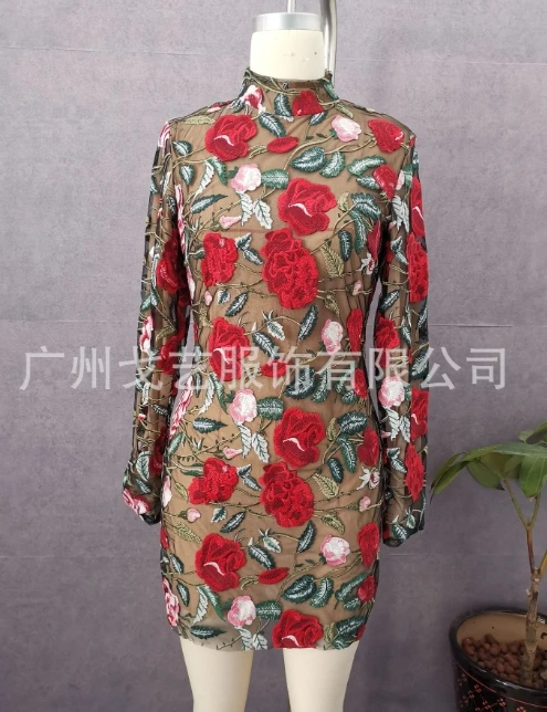 Womens Dresses Spring Fashion Peony Embroidery Casual Half High Neck Long Sleeve Sexy Wrapped Hip Daily Mini Dress