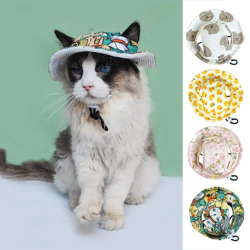 Cartoon Dog Fisherman Hat Breathable Sun Protection Cat Sunscreen Hat with Ear Holes Adjustable Dog Sunshade Hats Travel