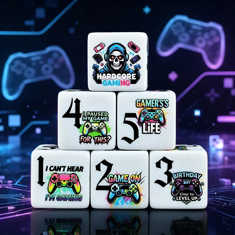 12PCS Hardcore Gamer Acrylic 16MM D6 Dice, Printed Gaming Pattern Funny Design for DND RPG TRPG Tabletop Role Playing Game Dice