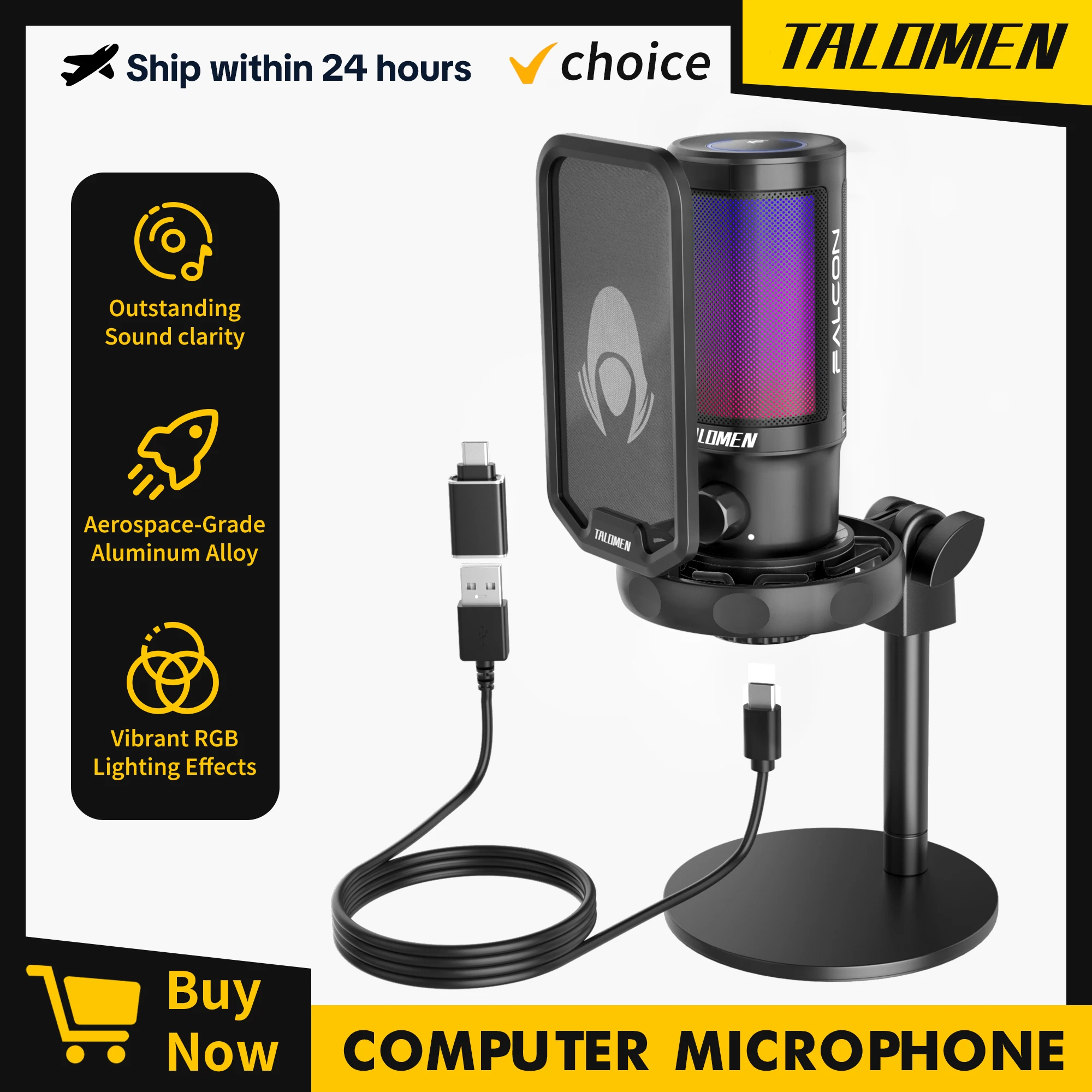 

Игровой USB-микрофон Talomen для ПК PS4/PS5, конденсаторный микрофон RGB с быстрым отключением звука, контроль усиления F8, подарок