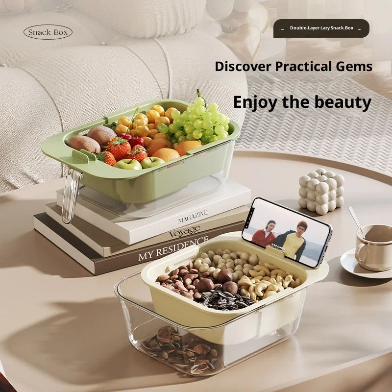 

Double Layer Fruit Tray with Retractable Handle Draining Basket Snack Storage Box for Seeds And Treats