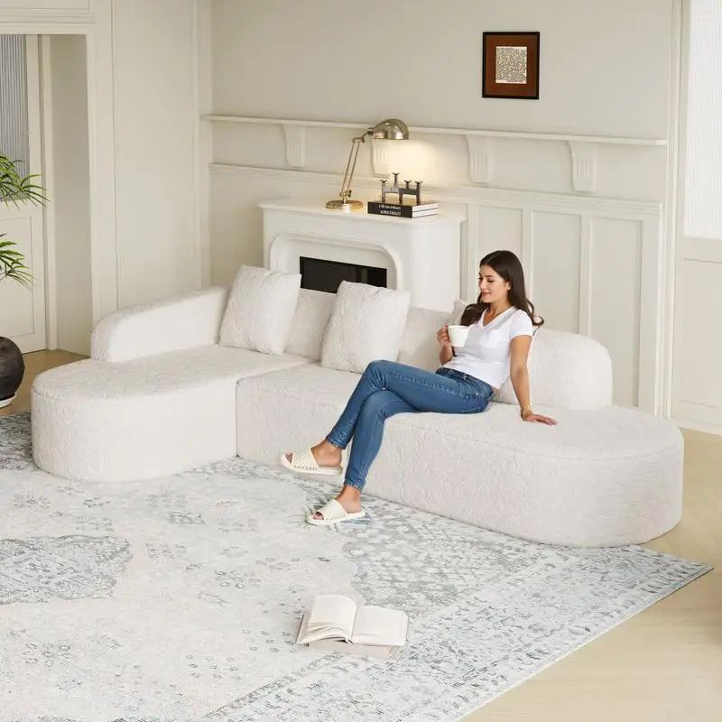 Modern 111.8-Inch L-Shaped Curved Modular Sofa with Long-Pile Polyester Fabric and Curved Backrest, Includes 3 Pillows