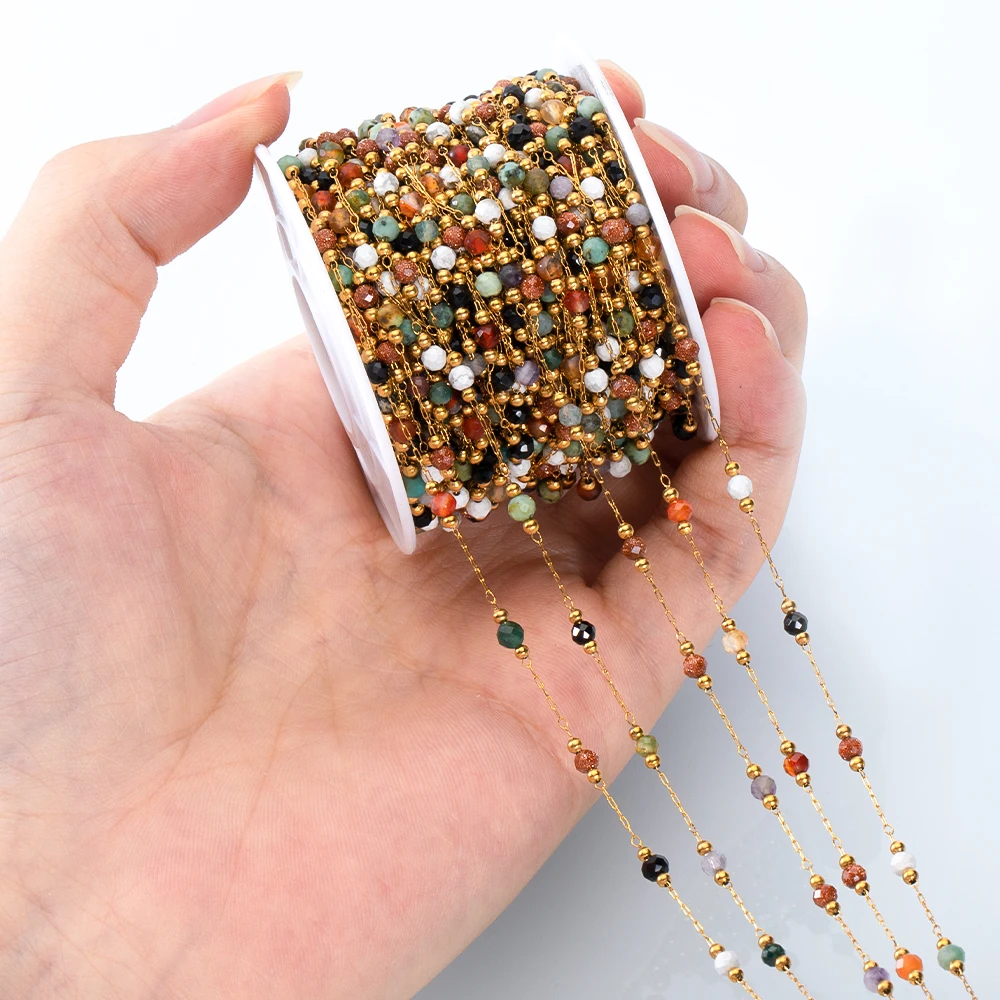 1meter Colorful Stone Stainless Steel Beaded Chain Faceted Crystal Bead Chains for Necklace Bracelet DIY Holiday Jewelry Making