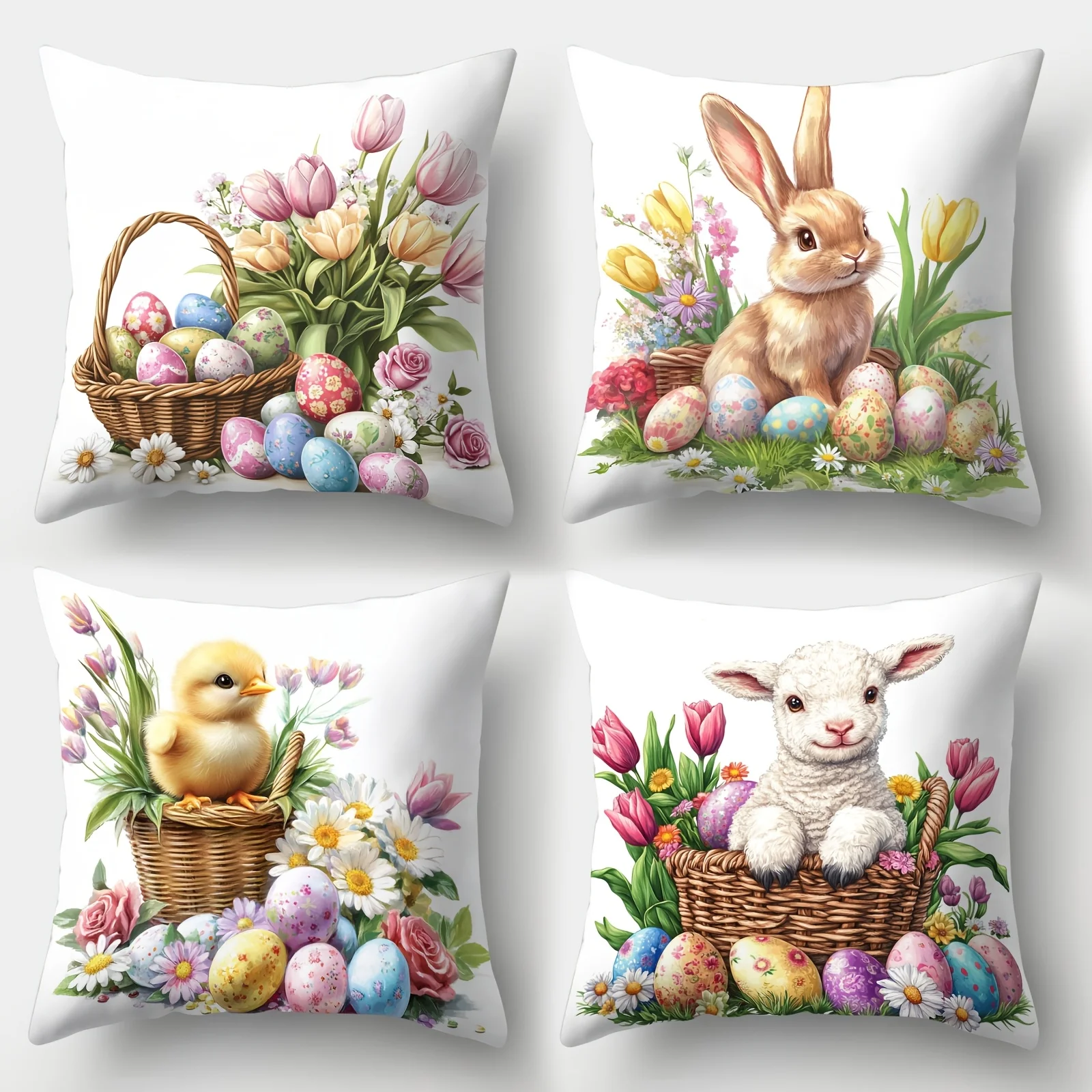 Set of 4 Printed Spring Easter Throw Pillow Covers Floral Eggs Rabbit Chicks Animals Cottage Style Cushion Decor
