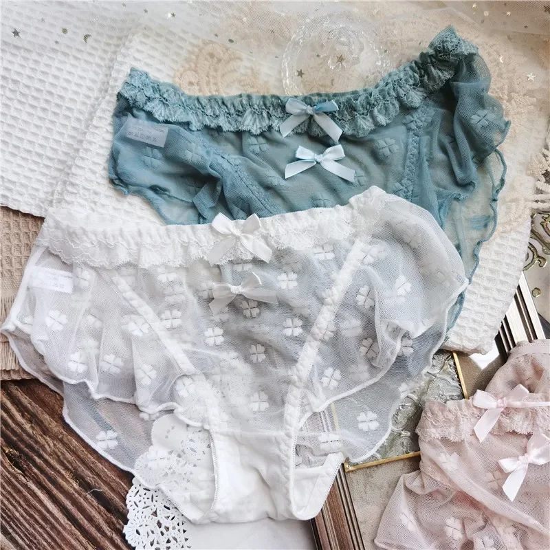 Cute Ruffled Soft Mesh Comfortable Lace Leaves Fresh and Sexy Low Waist Women\'s Panties Perspective Bow Style Underwear Panties