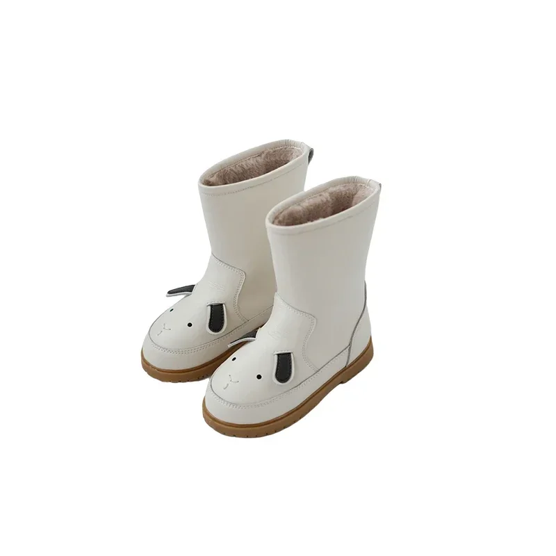 Bottes de neige d'animaux de dessin animé pour enfants, cuir véritable, chaussures de lapin pour enfants, baskets en peluche chaudes pour filles, bottes décontractées mignonnes pour garçon, hiver