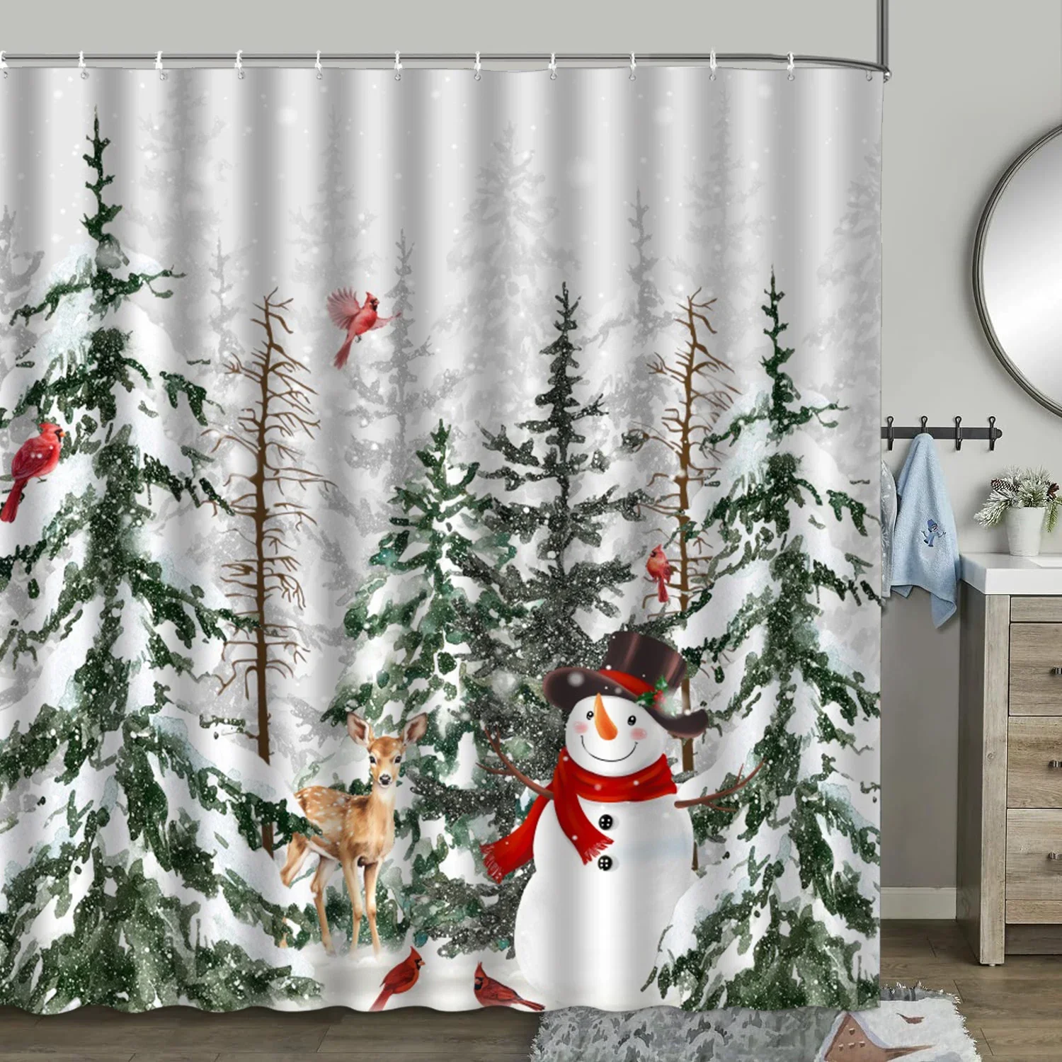 Christmas Shower Curtain, Winter Farm Barn Snowman Animal Moose Berry Christmas Tree Snow Scene Red Bird Bathroom Decoration