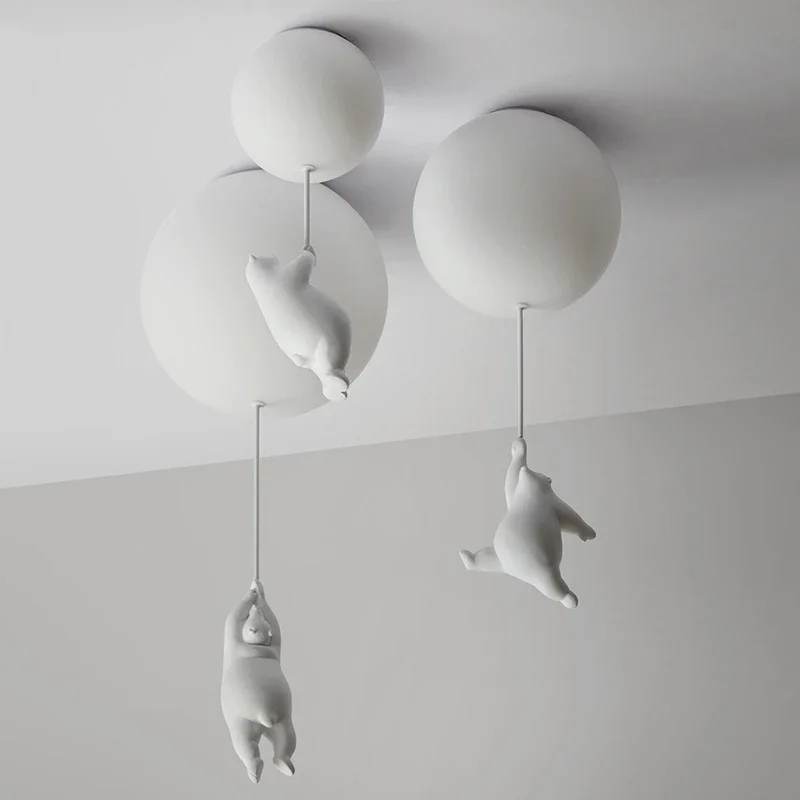 Modern Polar Bear Pendant Chandelier Creative Mike White Glass Ball Resin Indoor  Kid Children Kindergarten Hanging Led Lamp