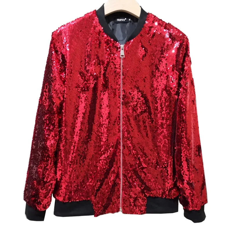 Chaqueta de béisbol con lentejuelas para mujer, abrigo informal de manga larga con cuello levantado y cremallera, color negro, dorado, rojo y plateado, primavera, 2023