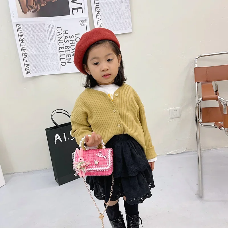 Casual Sweet Bunny Children's Pearl Handle Shoulder Bags Cute Baby Girls Small Square Crossbody Bag Plaid Knit Kids Handbags