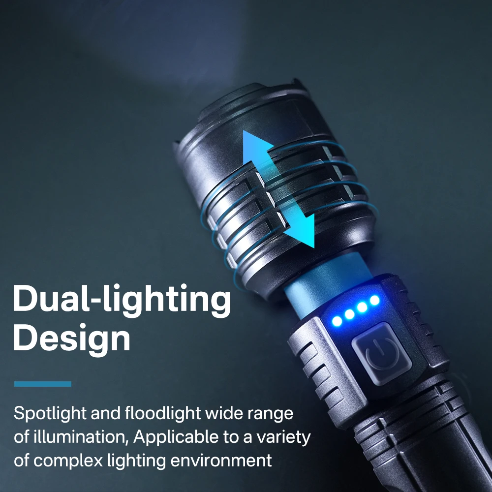 BORUiT Powerful LED Flashlight 600LM Type-C Charging Head Waterproof Zoom Torch Portable Handheld Light Built-in Battery