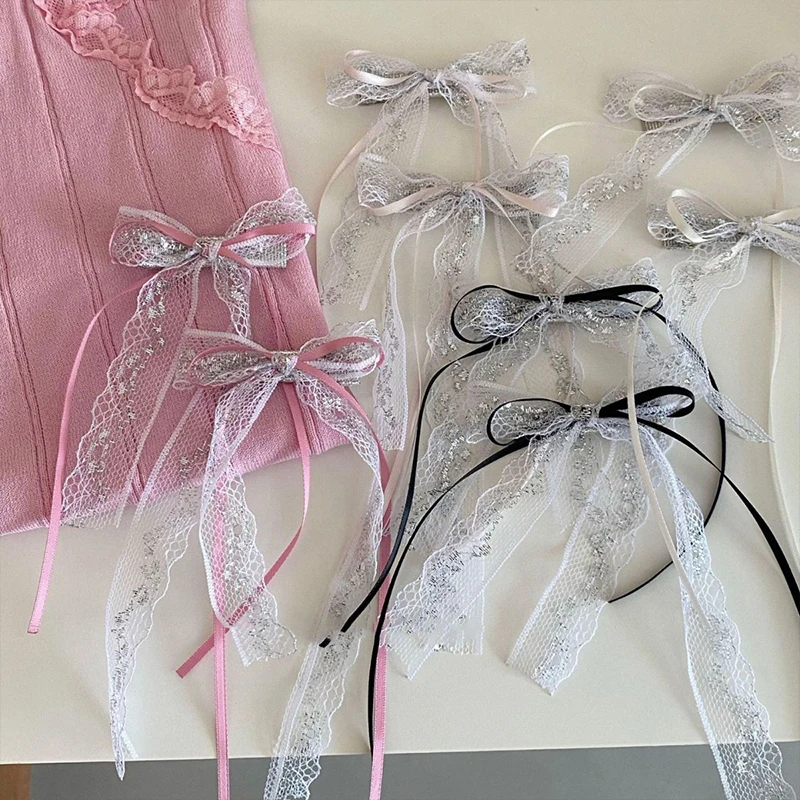 Silver Lace Mesh Bow Hairpins Duckbill Bangs Clips Sweet Hair Accessories