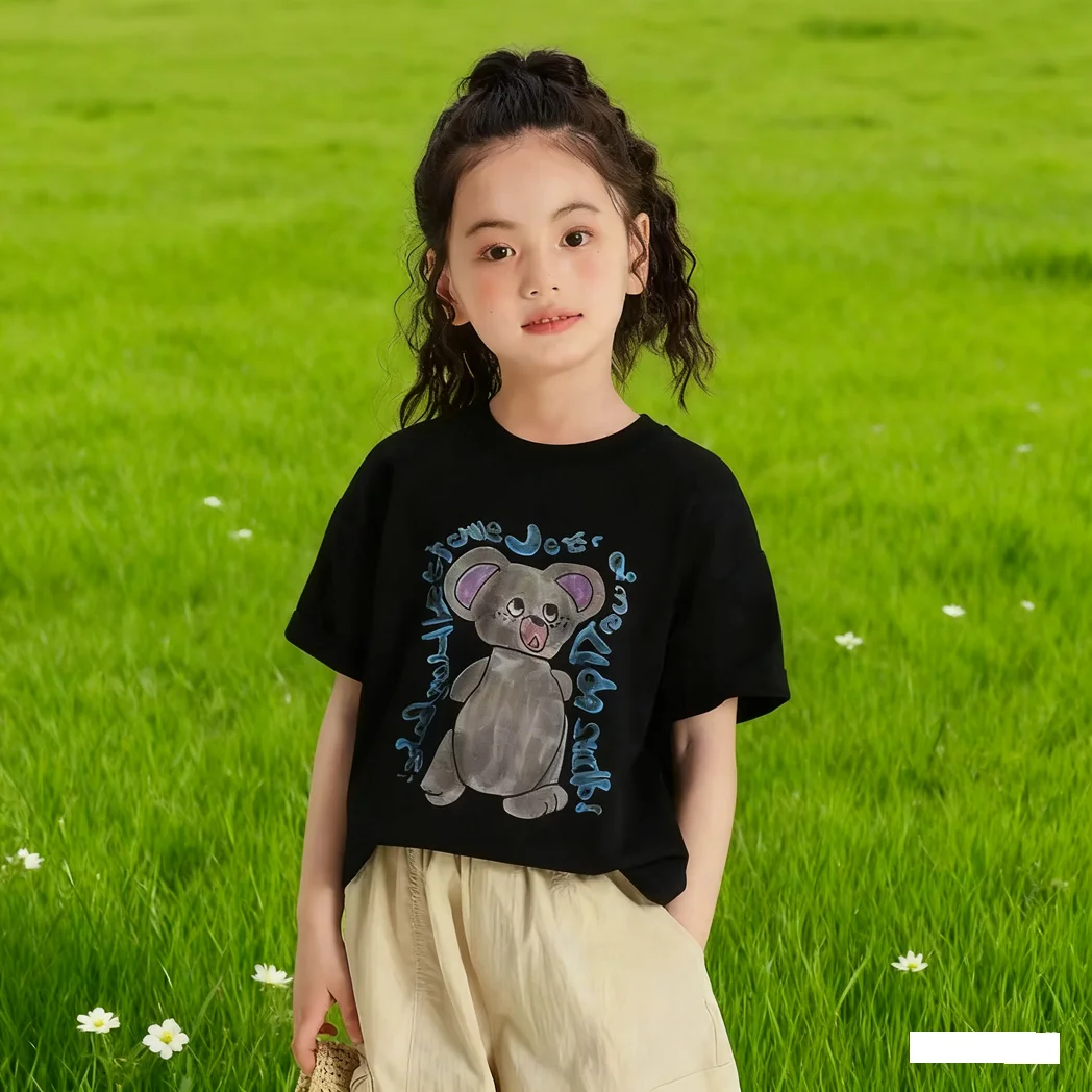 

Корейская хлопковая футболка с принтом граффити для девочек, уличная ретро блузка с короткими рукавами и милым медведем, летний детский топ
