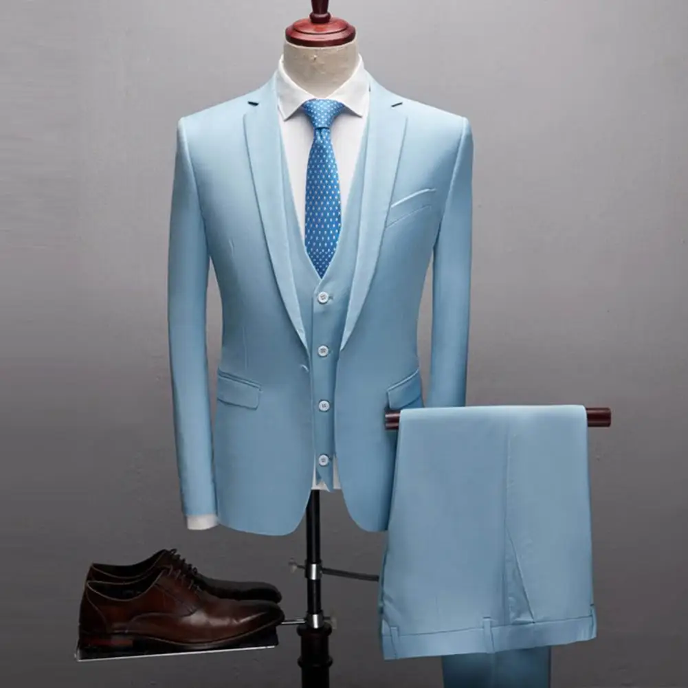 1 Set Formal Suit  Pocket   Groom Suit Pure Color Buttons Blazer Pants