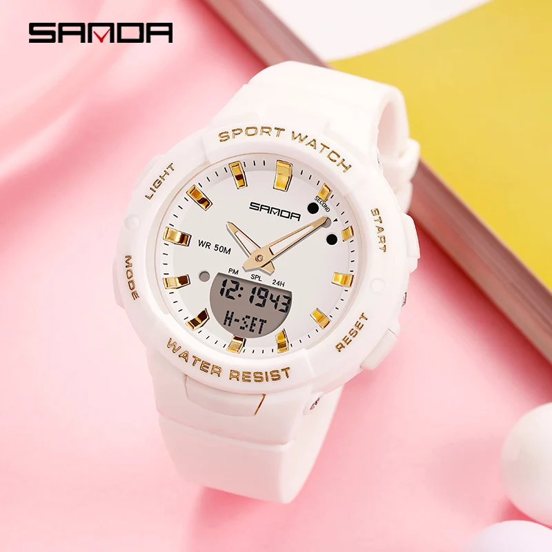 

SANDA 6005 Women's Casual G-style Quartz Watch Sports Waterproof Wristwatches Dual Time Fashion White Clock Lady Digital Watches