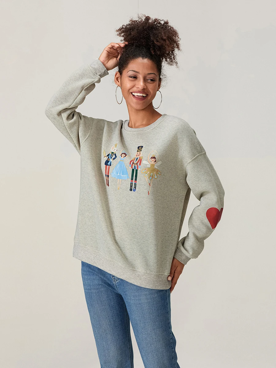 여성용 긴팔 라운드 넥 캐주얼 풀오버 상의, 하트 만화 프린트, 맨투맨 대비 색상