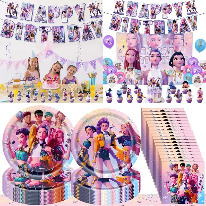 Decoración de fiesta de cumpleaños de demonio Kpop, suministros de fiesta de cumpleaños de grupo Hunter, globos de decoración de pastel de Anime Huntrix Kpop, bandera colgante