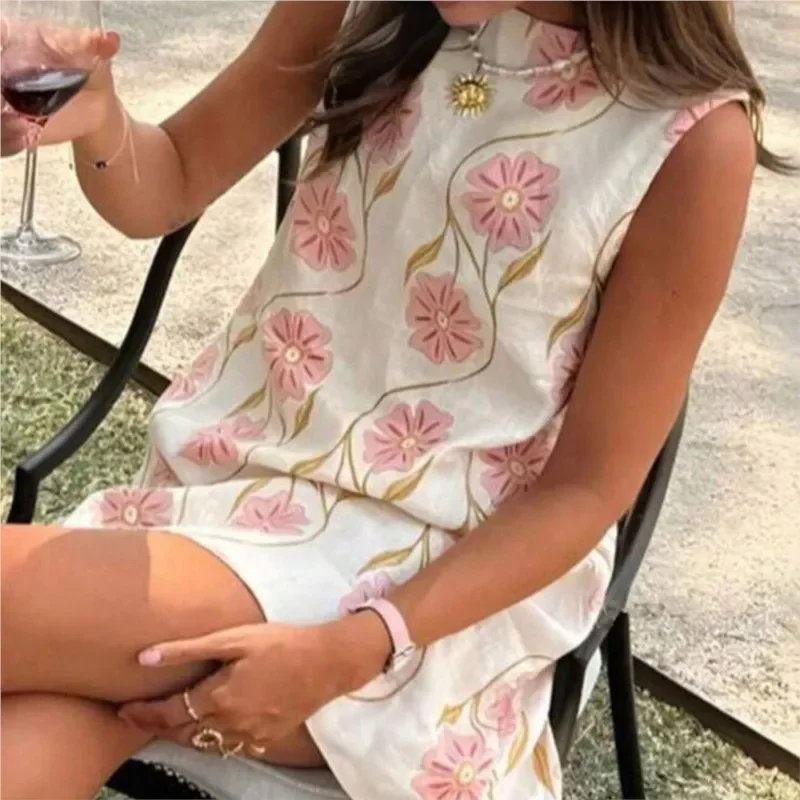 Verão novo fresco floral impressão mini vestidos femininos solto casual vestido de verão sem mangas o pescoço a linha praia férias vestido robe