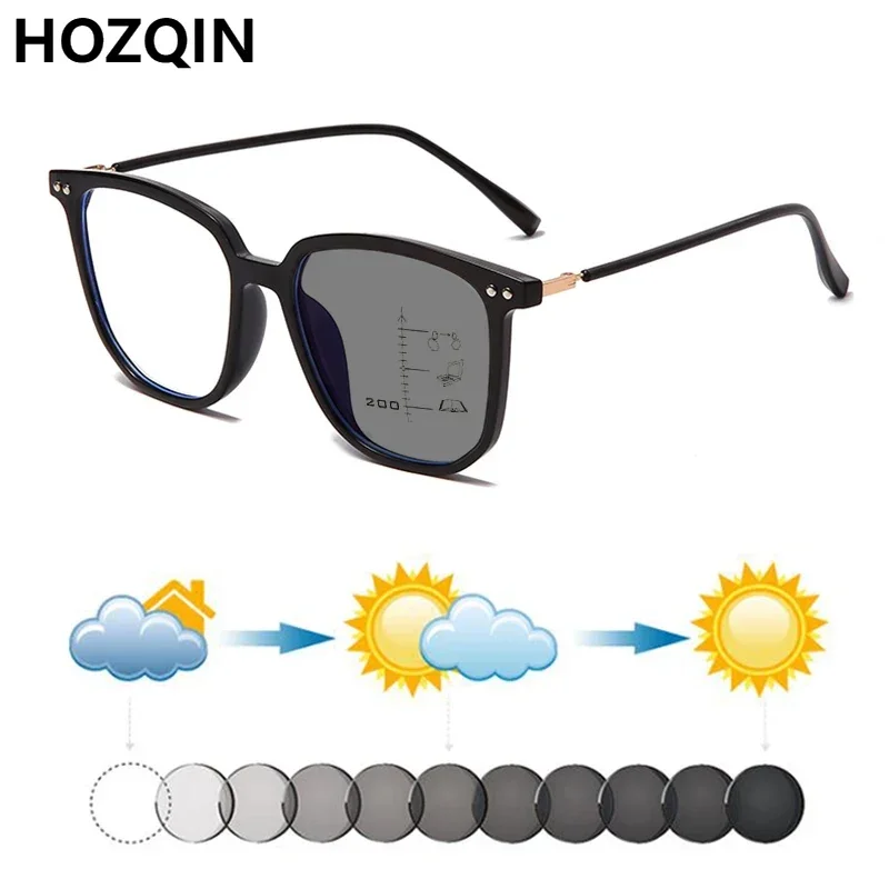 

New TR Square Retro Rivets Women Photochromic Progressive Reading Sunglasses Men Look Near Far Presbyopia Hyperopia Glasses