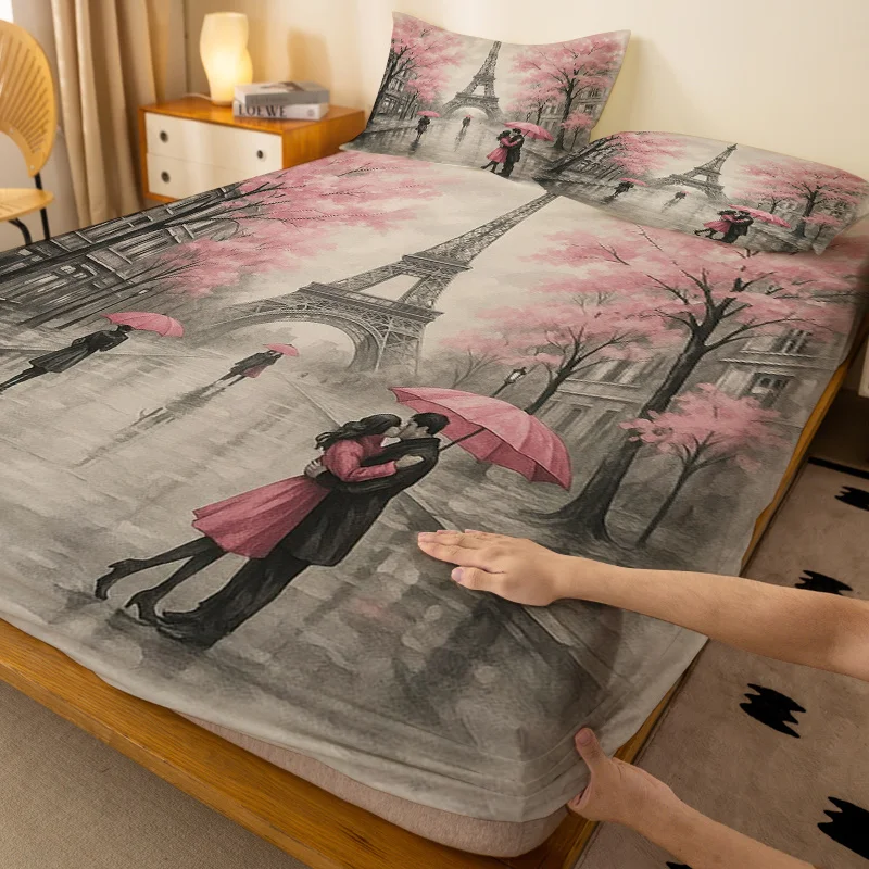 Romantic Rainy Couple Tower with Full Blooming Cherry Blossoms Bed Sheet 2D Digital Print Three-Piece Bedding Set (includes 1 bed sheet + 2 pillowcases) Mattress Protector, Elastic-Fitted Sheet, Protective Cover, Mattress Protector, Japanese Style Bedding
