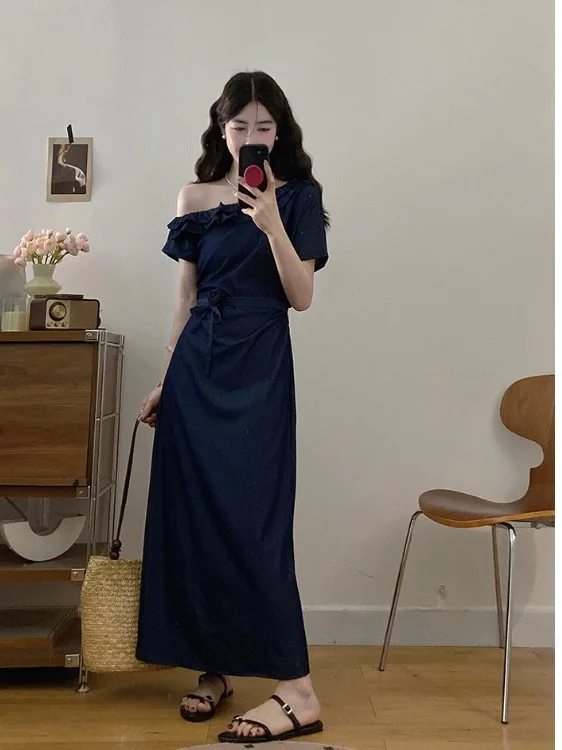 

Женское летнее джинсовое платье больших размеров с рюшами на плечах, синее, с завышенной талией, приталенное, миди, в корейском стиле, для повседневной носки