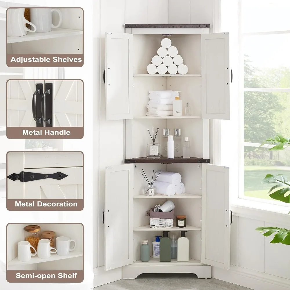 

Tall Farmhouse Corner Cabinet with 4 Doors and Adjustable Shelves, Farmhouse Storage Cabinet with Barn Door Design, Customized