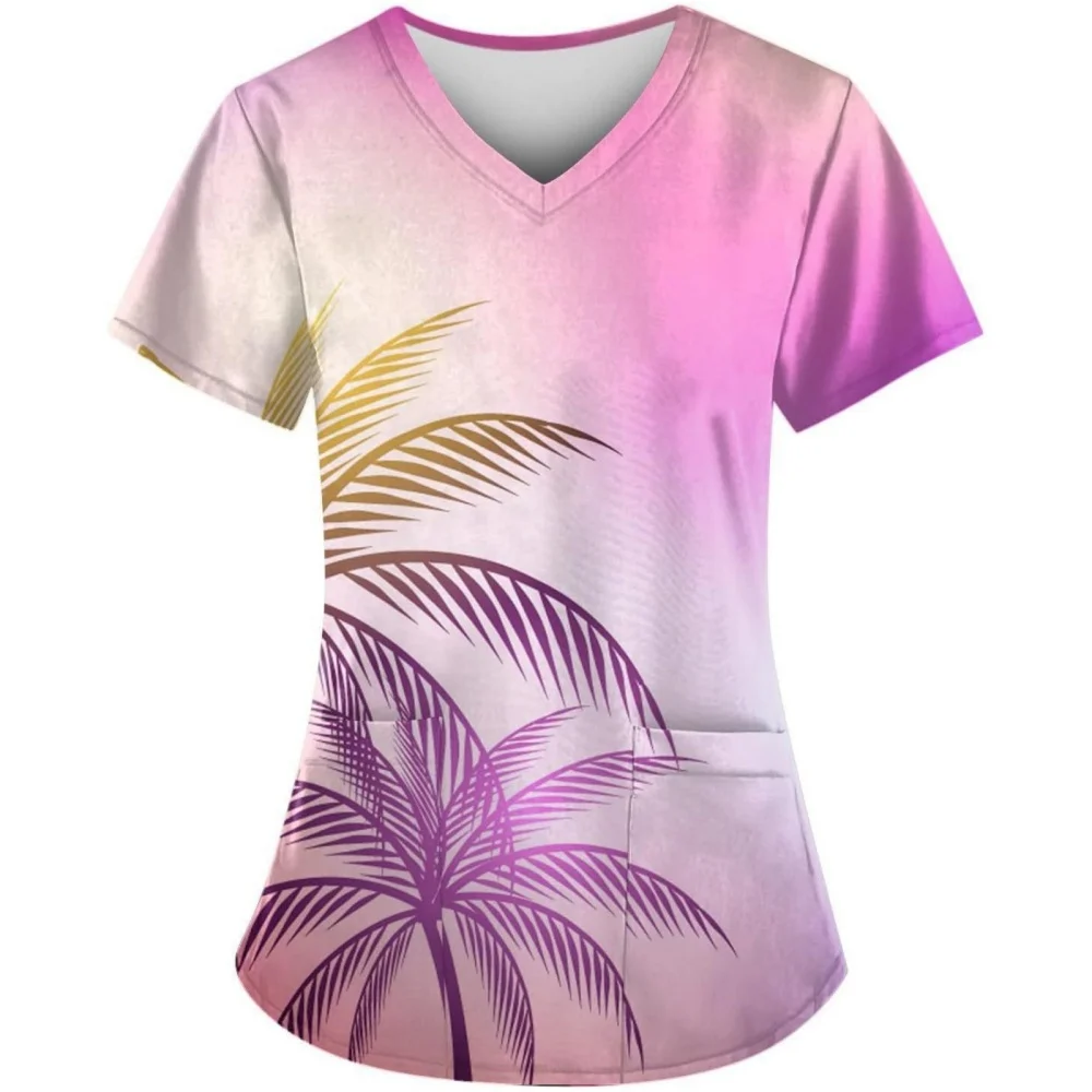 Uniformes cirúrgicos mulher coqueiro padrão 3d com decote em v bolso uniforme clínico mulher dos desenhos animados enfermagem manga curta esfrega mulher