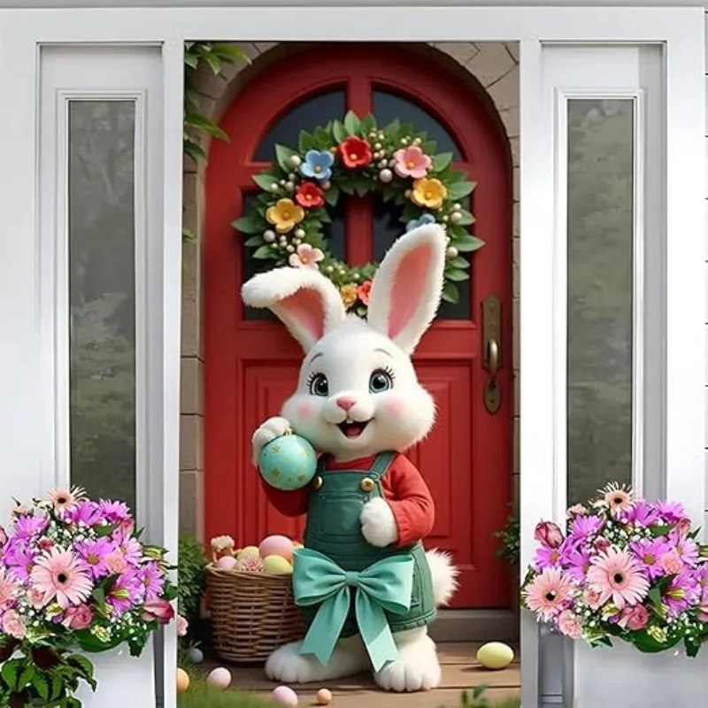 1Pc Easter Bunny Decorative Door Curtain Cute Cartoon Bunny with Egg Door Hanging Spring Festival Party Entrance Scene Decoration Props Home Atmosphere Decoration Props