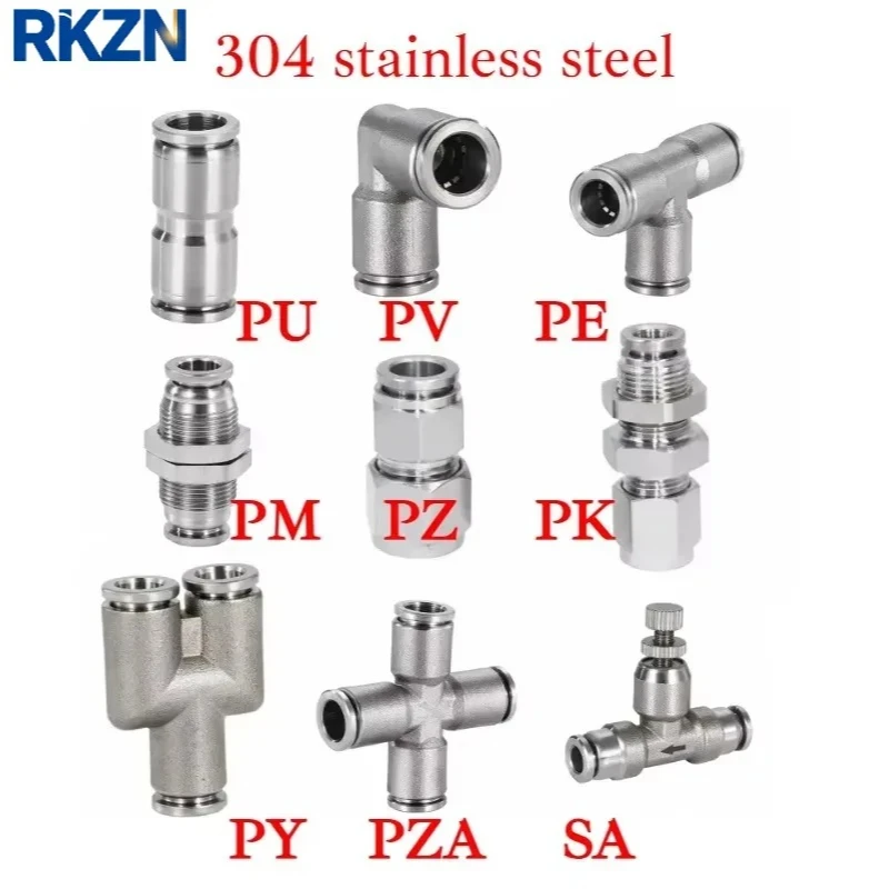 Stainless Push In Connect Pneumatic Air Fitting, 2 3 4 Ways Elbow Tee Y Cross Bulkhead Compression, 4 6 8 10 12 14 16 mm Tube OD