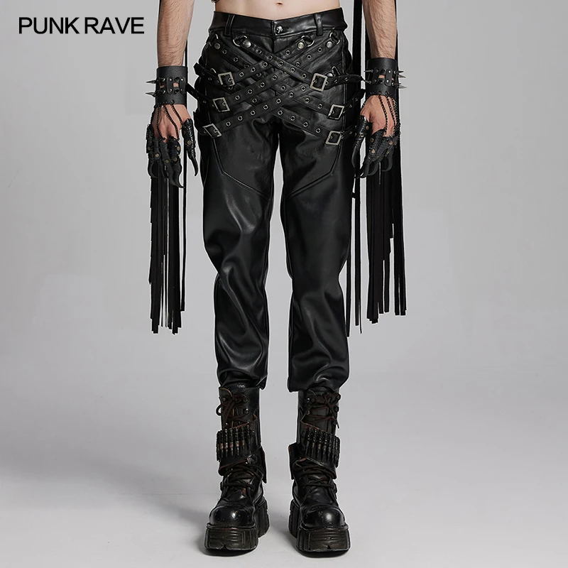 PUNK RAVE Men's Punk Street PU Leather Pants Staggered Buckle Loops Distinctive Personalized Cool Trousers Streetwear Men