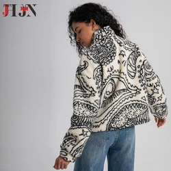 JHJN Warm Woman Jacket Polar Fleece Anime Print Coat High Collar Zipper Cardigan Unisex Long Sleeves Outerwear Winter Overcoat