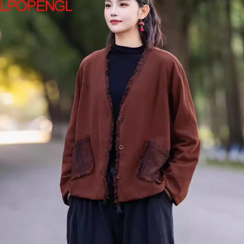 Ethnic Style Autumn New Artistic Versatile V-neck Long Sleeve Color-blocking Jacket New Women's Cardigan Single Breasted Top