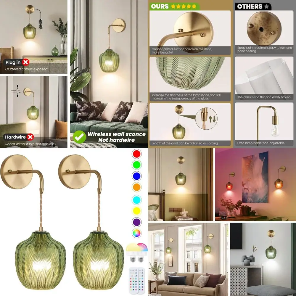 Zestaw 2 bezprzewodowych kinkietów RGB z możliwością ściemniania, zasilanych bateryjnie, sterowanych pilotem, nowoczesne do sypialni i salonów