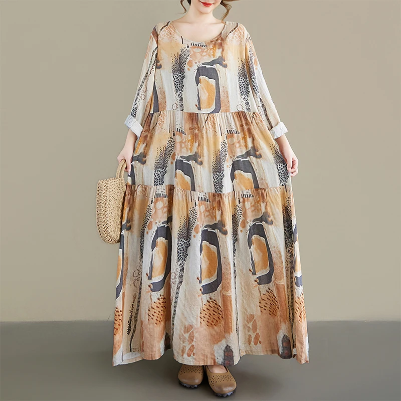 

Spring New Retro Casual Print Midi Dress Loose Fit Maternity Dress round Neck Long Sleeve Women's Dress Cotton Citywalk A-Lin...
