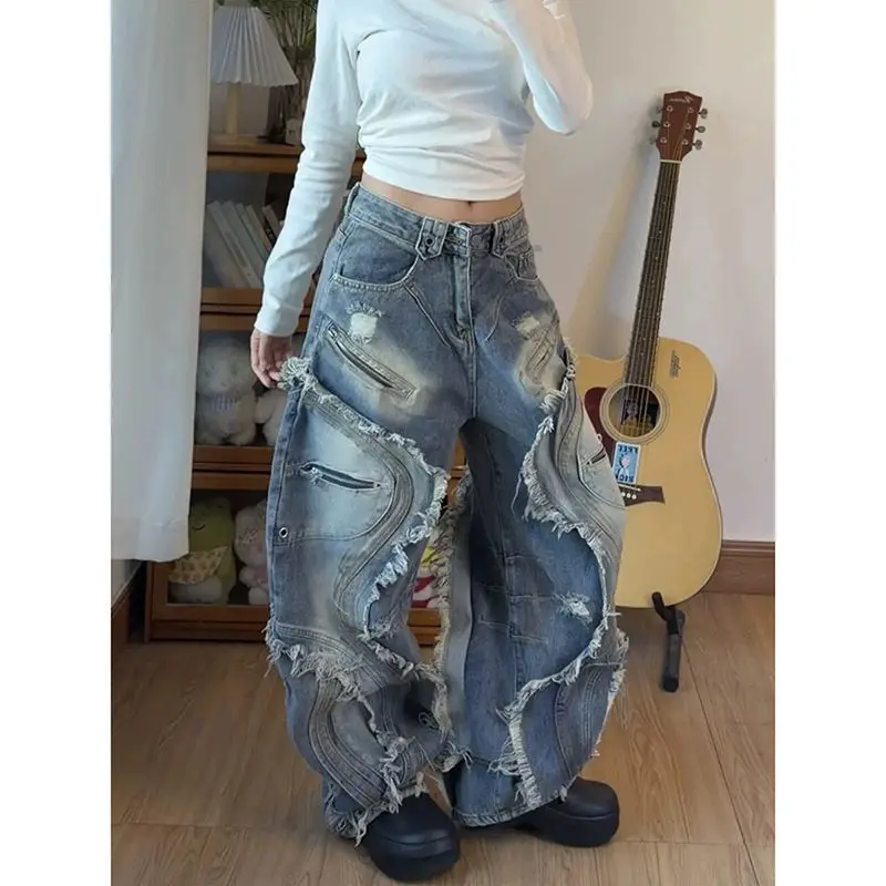 ONE TO WAN Ruched Patchwork Lace-up Cargo Pants Jeans, American Style Women's Vintage Washed Curved Mud-dyed Scimitar Long Pants