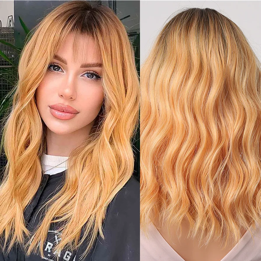 

Оранжевый синтетический парик с челкой, волнистые волосы средней длины, мягкий красочный парик для косплея для вечеринок для женщин, высокотемпературное волокно