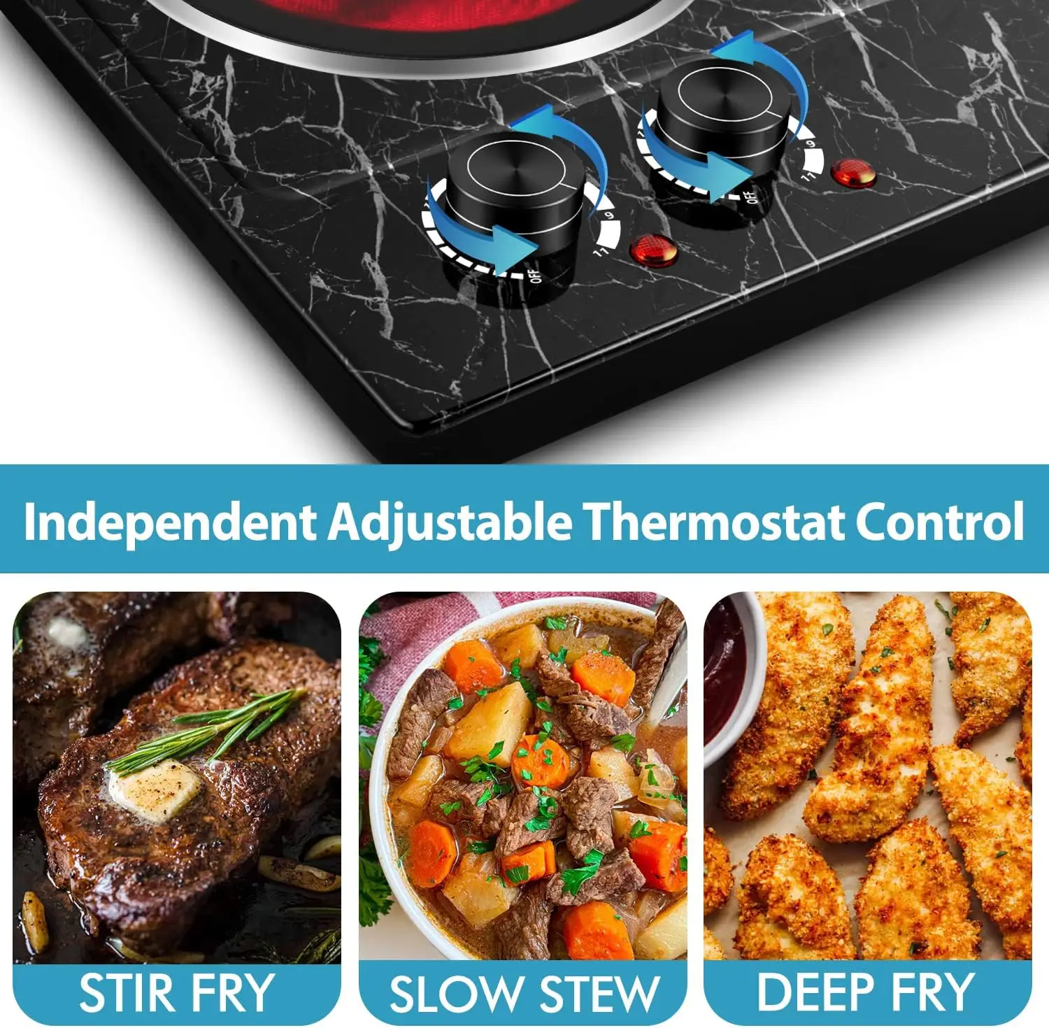 CUSIMAX Placa caliente eléctrica de doble quemador para cocinar, estufa portátil de doble control de 1800W Quemador eléctrico de encimera Cocina infrarroja