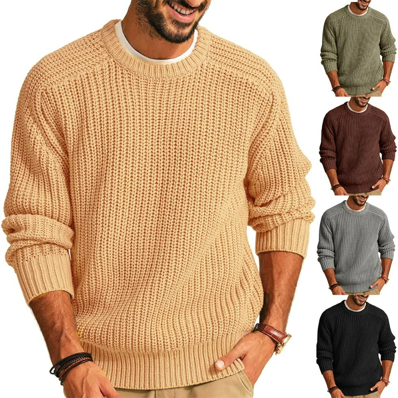 Men Round Neck Pullovers Vintage Solid Long Sleeve Jumpers Knit Sweater Loose Casual Basics Sweaters Autumn Winter 2025