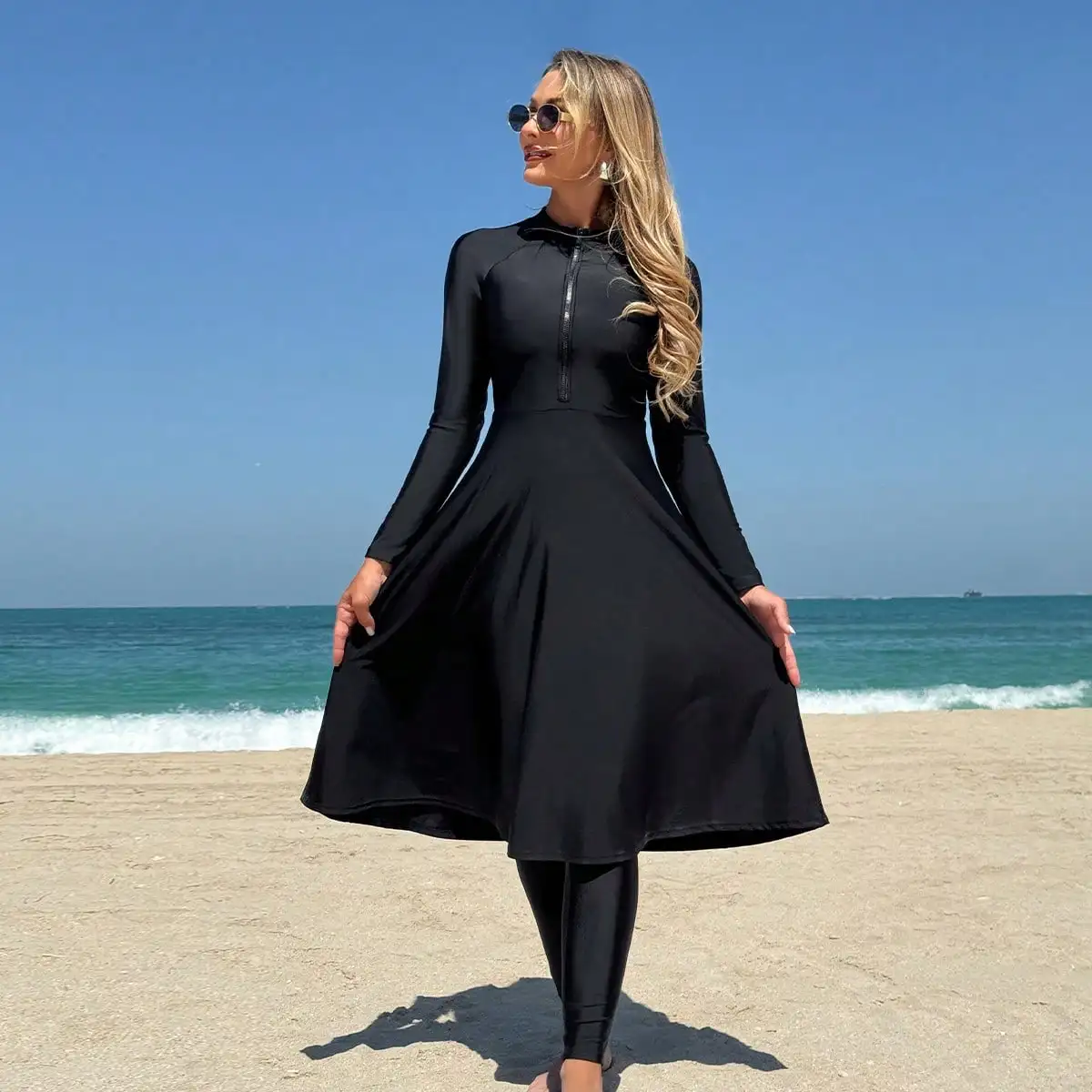 Elegant Black Women's Flesh-Covering Slimming Zipper Long-Sleeved Dress Pants Seaside Sun Protection Swimsuit Beach Suit - Image 3