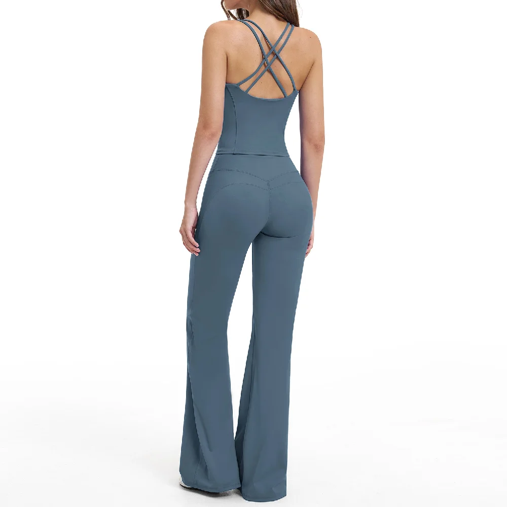 Women's 2PCS Flared Pants Yoga Set Gym Tracksuits Sports Outfits Female Shockproof Sports Vest Yoga Clothes Workout Sportswear