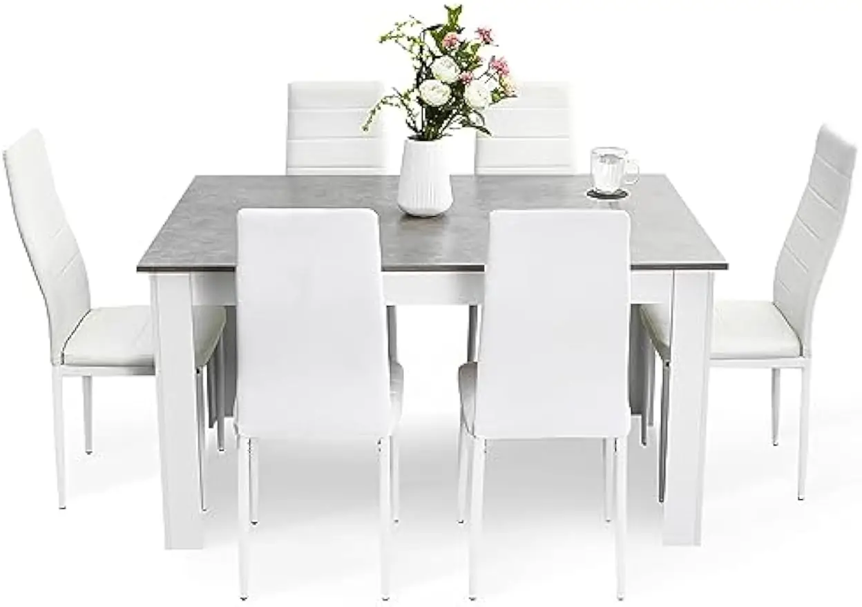 Dining Table and Chairs Set 6, 7 Pieces Kitchen Table Set with High Back Faux Leather Chair for Dining Room Kitchen Rectangular